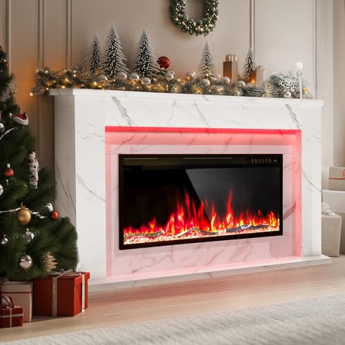 60 Inch Electric Fireplace with Mantel, Replaceable 42”Fireplace Insert Heater, 3D Realistic Log and Flame Effect, Timer, White Marble Finish for Living Room Bedroom Eshoma