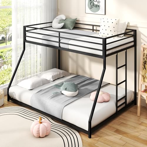 Zevemomo Twin Over Full Bunk Bed, Metal Low Profile Bunkbeds with Full-Length Guardrail and Ladder, Space Saving, No Boxing Spring Needed, Black Zevemomo