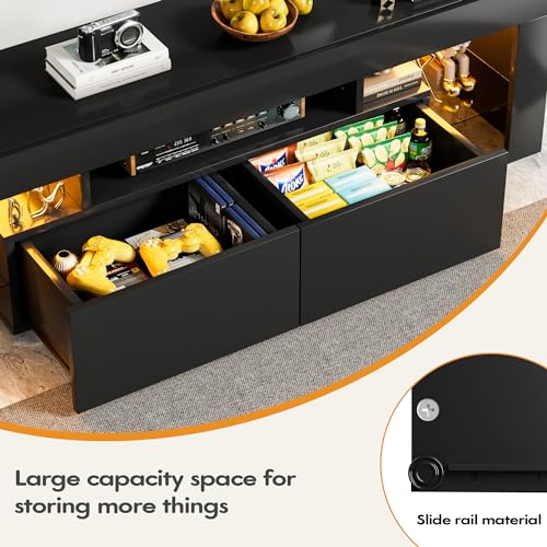 YESHOMY Modern LED TV Stand for Televisions up to 70 Inch with Glass Shelves and Drawer, Gaming Entertainment Center with Multiple Dynamic RGB Modes, for Livingroom, Bedroom, 60 Inch, Black YESHOMY