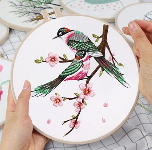 Huacan Embroidery Kits for Adults Beginner - 4 Pcs Floral Pattern Stitching Printed Bouquet DIY Sewing Kit 7.9 x 7.9 Inch (Bird 1)