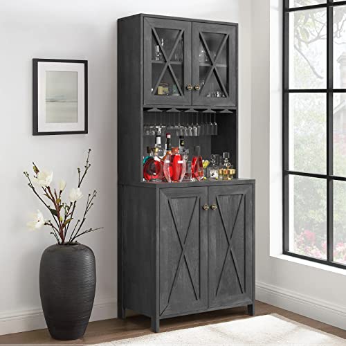 YITAHOME Farmhouse Bar Cabinet, 67" Tall Wine Bar Cabinet with for Wine Glass Rack, Home Bar Cabinet with Open Storage Shelves & Glass Doors for Living Room, Hallway, Charcoal Grey YITAHOME