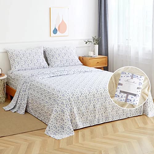 Twin Bed Sheet Set 3PC Printed Light Blue Flower Pattern Cooling 1800 Microfiber with Deep Pocket, Hotel Luxury, Soft, Breathable, Hypoallergenic, Wrinkle Free, Single Bedding for Kids, College Dorm KACEMOO