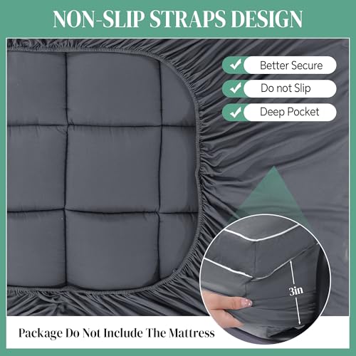 HOMBYS Extra Thick Fitted Futon Mattress Cover Full Size with Anti-Slip Elastic, Plush Down-Alternative Filling for Enhanced Comfort, 100% Polyester Futon Topper, Grey, Cover Only HOMBYS