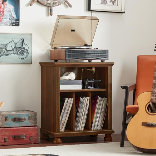 Joaxswe Record Player Stand with Vinyl Record Storage, 24" Wide Mid-Century Record Player Table Up to 200 Albums,Large Wood Turntable Stand Cabinet Dispaly Shelf for Living Room,Bedroom,Brown Joaxswe