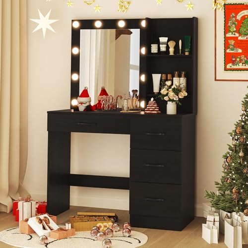 GOFLAME Makeup Vanity Desk with Lights, Modern Dressing Table with Charging Station, Hair Dryer Holder, 4 Large Drawers & 3-Tier Hutch, 3-Color Lights Adjustable, Black Vanity Table for Bedroom GOFLAME