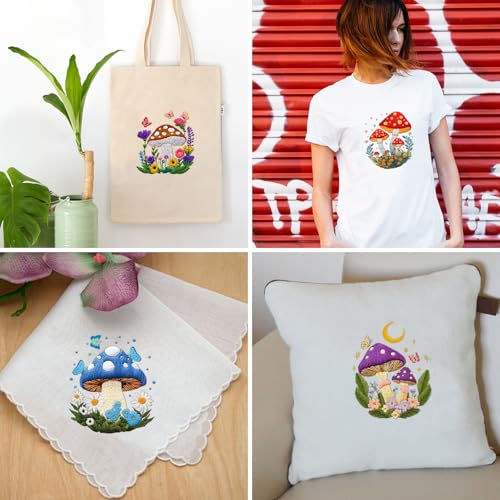 ORIGACH 5 Pack Mushroom Embroidery Kits for Beginners, DIY Stamped Cross Stitch Kit with Mushroom Patterns Hoops Needles Threads and Instructions for Adults Embroidery Craft Lover