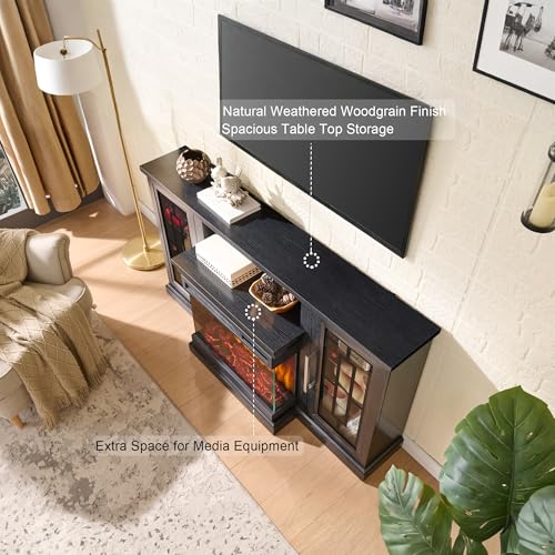 Unineo 59 Inch LED TV Stand with 3-Side Glass Fireplace, Modern Media Entertainment Center Console Table for TVs up to 65 Inch with Adjustable Flame & LED Color, 24’’ Fireplace, Highboy, Black Unineo