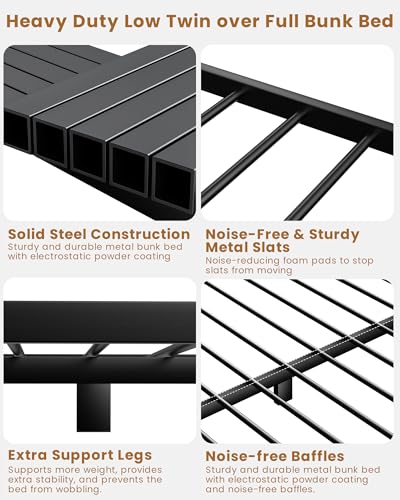 Mixcous Twin Over Full Bunk Bed for Adults & Kids, Heavy Duty Bunk Beds with EVA Padded Ladder and Full-Length Guardrails, Noise-Free Metal Bed Frame, Space-Saving Design, Black Mixcous