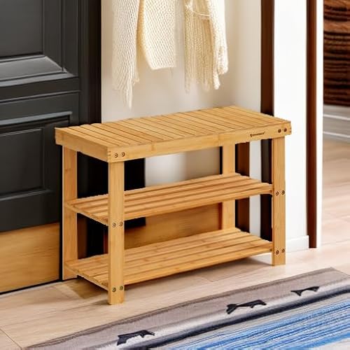 SONGMICS Shoe Rack Bench, 3-Tier Bamboo Shoe Storage Organizer, Entryway Bench, Holds Up to 286 lb, 11.3 x 27.6 x 17.8 Inches, for Entryway Bathroom Bedroom, Natural ULBS04N SONGMICS