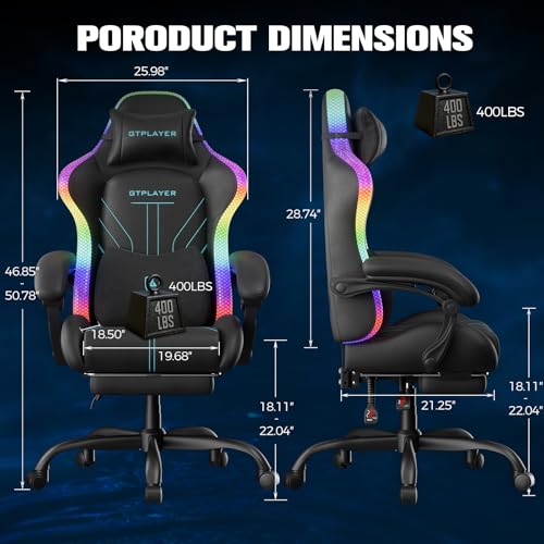 GTPLAYER Gaming Chair, Computer Chair with RGB LED Lights, High Back Ergonomic Chair for Adults with Footrest, Reclining Office Chairs, Linkage Armrest, Blue GTPLAYER