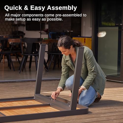 EAST OAK Signature 7 Pieces Outdoor Dining Set, Patio Furniture Set with Finest Teak Wood, Powder-Coated Aluminum Frame Table and Teslin Fabric Chairs, Patio Dining Set for Garden and Yard, Dark Grey EAST OAK