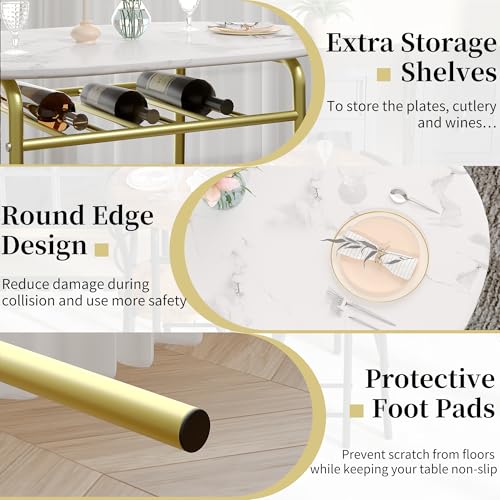 VECELO 3-Piece Dining Table Set for Kitchen Breakfast Nook, Wood Grain Oval Tabletop and Metal Frame with Built-in Wine Rack, for Small Spaces, White & Gold VECELO