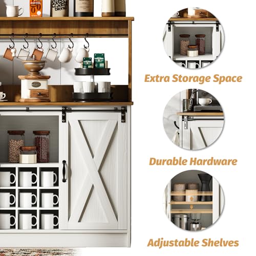 4ever2buy Farmhouse Coffee Bar Cabinet with 6 Hooks, 47'' Kitchen Coffee Bar with Hutch and 9 Wink Racks, White Coffee Bar Table with Sliding Barn Door for Dining Living Room 4ever2buy