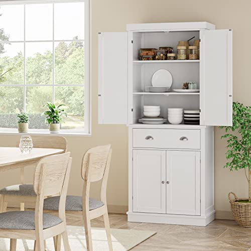 FOTOSOK 72" Utility Pantry Storage Cabinets for Kitchen, Dining Room, Living Room, White , Freestanding Cupboard with 4 Doors, Drawer, 4 Shelves FOTOSOK