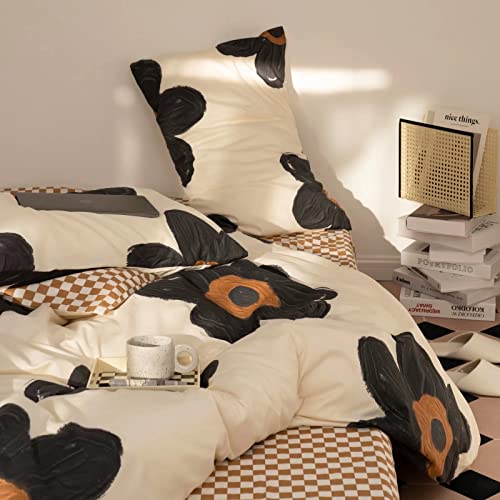 Wellboo Black Floral Comforter Sets Twin Women Girls White and Black Botanical Bedding Sets Cotton Beige Black Sunflower Quilts Teens 3D Large Flower Quilts Watercolor Boho Garden Bohemian Bedding Wellboo