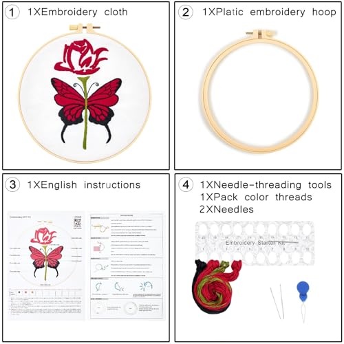 Butterfly Rose Embroidery Kits for Beginners Adults, Valentine's Day Hand Embroidery Kits, Cross Stitch Kits for Adult Anniversary Valentine's Gifts, Entire Set of Embroidery Supplies & Video Tutorial