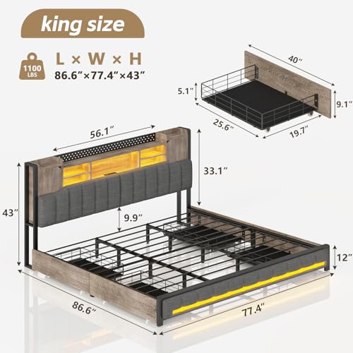 CSZZD King Size Bed Frame and Bookcase Headboard & Storage Drawers, LED Upholstered Platform Bed Frame King Size with USB Charging Station, No Box Spring Needed, Easy Assembly, Oak Gray CSZZD