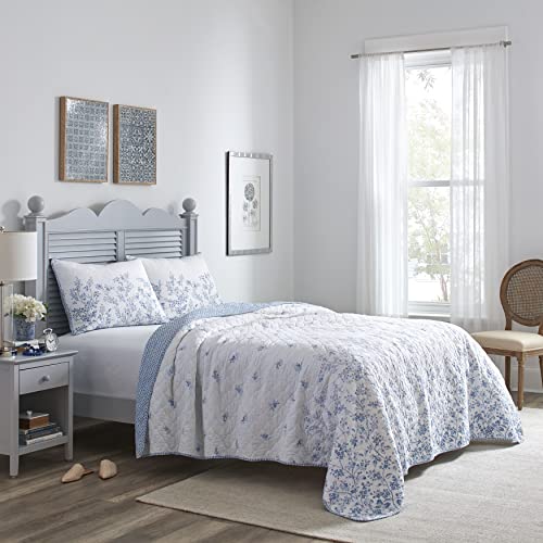 Laura Ashley Home - Queen Quilt Set, Reversible Cotton Bedding with Matching Shams, Pre-Washed Home Decor for Added Softness (Flora Blue, Queen) Laura Ashley
