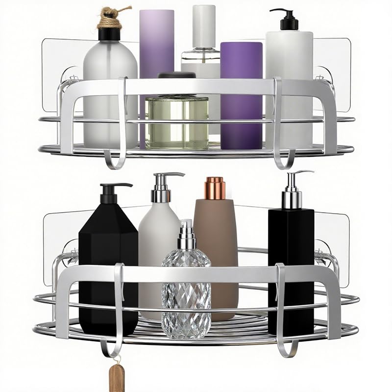 STEUGO 2 Pack Shower Caddy Corner, Bathroom Corner Shower Shelfs, Adhesive Wall Mounted Shower Caddy with 4 Movable Hooks, No Drilling Shower Shelf, Stainless Steel Silver. STEUGO