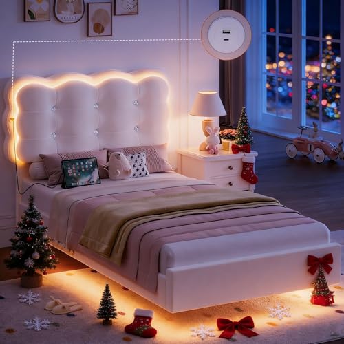HIFIT Upholstered Twin LED Bed Frame with Charging Station and Adjustable Crystal Button-Tufted Puffs Headboard, Velvet Princess Floating Platform Bed Frames for Girls/Kids, No Box Spring Needed,Beige HIFIT