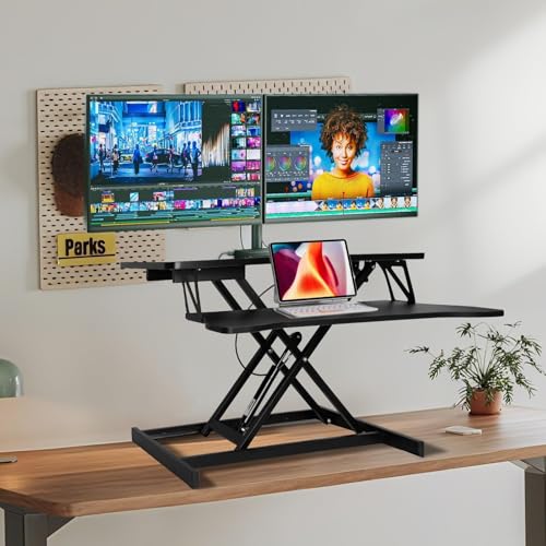 OUKMIC Standing Desk Converter 32” Height Adjustable Sit to Stand Up Desk Riser with Keyboard Tray for Home or Office, Dual Monitor and Computer Workstation Wide 2-Tier Desktop, Black OUKMIC