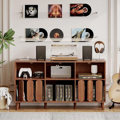 55 in Large Record Player Stand with Charging Station - Vinyl Record Storage Cabinet with 2 USB Ports, Open Shelves & Turntable Holder, Mid-Century Modern Wood TV Media Console for Living Room Garvee