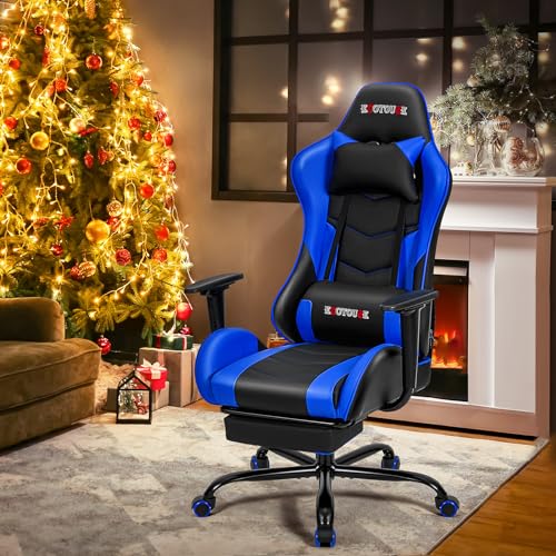 ECOTOUGE PC Massage Gaming Chair with Footrest Ergonomic Office Desk Chair Racing PU Leather Recliner Swivel Rocker with Headrest and Lumbar Pillow, Blue ECOTOUGE