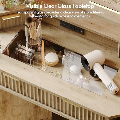 ENSTVER Corner Vanity with Clear Glass Top, 47" Corner Makeup Vanity Desk with Large Mirror and Lights, Fluted Wooden Vanity Wall-Mounted Jewelry Storage for Bedroom, Oak ENSTVER