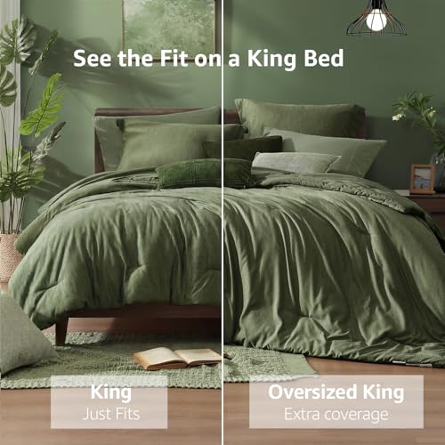 Monbix King Size Comforter Set, Olive Green King Bed Set Reversible, King Size Comforter Set 7 Pieces, Cationic Dyeing Bed in a Bag with Comforter, Sheets, Pillowcases & Shams Monbix