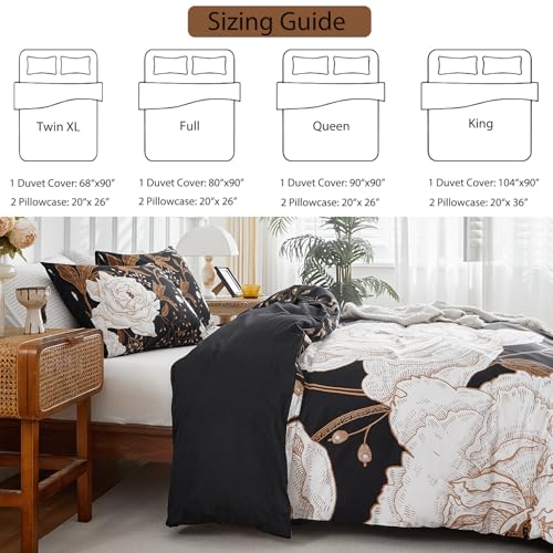 mixinni Black Floral Duvet Cover Twin XL Size, 3 Pieces Garden Style Botanical Flowers Leaves Bedding Set, Soft Cotton Reversible Farmhouse Boho Duvet Cover and 2 Pillowcases for All Season mixinni