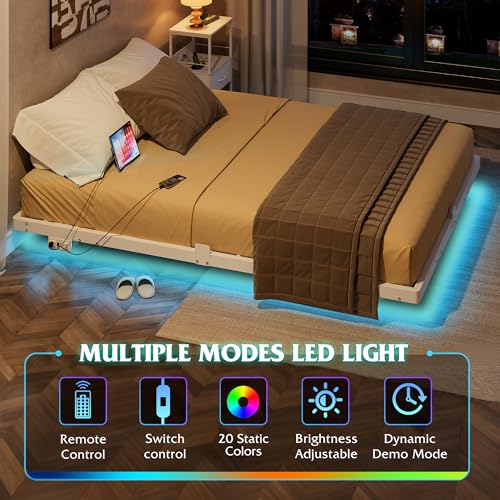 WLIVE Floating Queen Bed Frame, 1500Lbs Heavy Duty Metal Platform with LED Light and Charging Station, No Box Spring Needed, Easy Assembly, No Noise, Queen Size, Black, White WLIVE