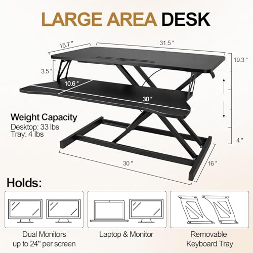 OUKMIC Standing Desk Converter 32” Height Adjustable Sit to Stand Up Desk Riser with Keyboard Tray for Home or Office, Dual Monitor and Computer Workstation Wide 2-Tier Desktop, Black OUKMIC