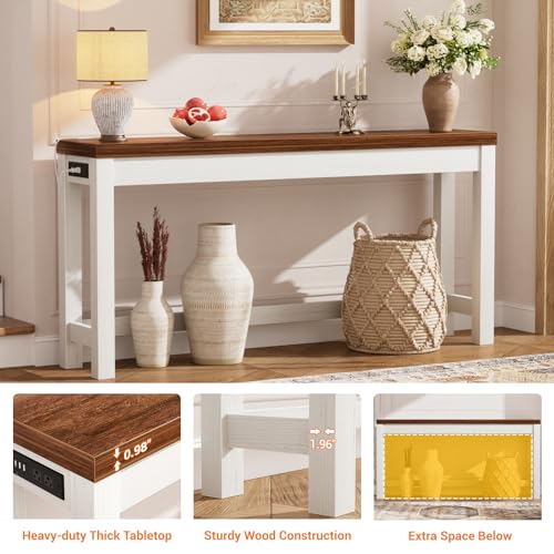 Cyclysio 63" Console Tables for Entryway, Long Console Tables for Living Room, Behind Couch Table, Sturdy Wood Support Farmhouse Entryway Table with 3AC+2USB Charging Station, Rustic Oak Cyclysio