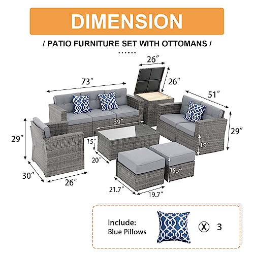 Super Patio 10 Piece Patio Furniture Set, PE Wicker Outdoor Conversation Furniture Set with Ottomans, Storage Box, Coffee Table, Cushions, Clip, Sectional Rattan Sofa for Garden, Porch, Backyard, Grey Super Patio