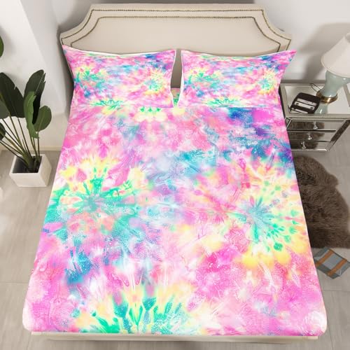 Erosebridal Kids Tie Dye Pink Bed Sheets Girls Bohemian Batik Sheet Set 4 Pcs King Size, Boho Psychedelic Sheets Set + Deep Pocket Fitted Sheets+ Girly Flat Sheet + Exotic Bedroom Decor 2 Pillow Shams Erosebridal