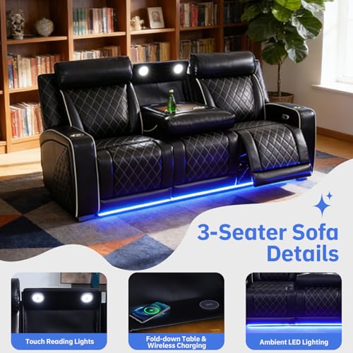 Saxum Tegmen 3 Pieces Power Reclining Sofa Set, Leather Recliner Couch Sets for Living Room Furniture, Sectional Sofa with LED Lights for Home Theater/Living Room/Office (Black, 3PCS Set)