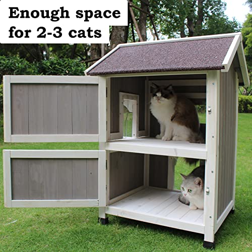 Rockever Outdoor Cat House, Large Outdoor Houses for Feral Cats Wooden Outside Cat Shelter Weatherproof with Escape Door Rockever