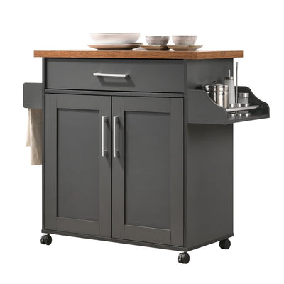 Hodedah Rolling Wood Kitchen Island Cart with Spice Rack, Towel Rack, Utensil Drawer plus Cabinet, White with Beech Top