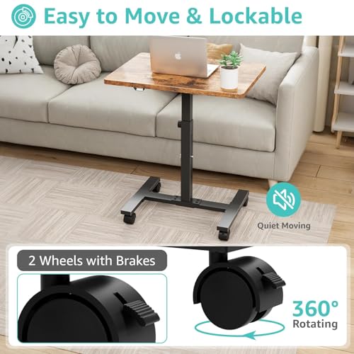Small Portable Standing Rolling Desk - 24 Inch Mobile Stand Up Desk Adjustable Height on Wheels for Small Spaces, Couch Kids Laptop Desks End Side Table, Teacher Podium for Classroom, Rustic Brown WINAZ
