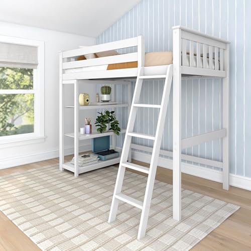 Max & Lily High Loft Bed, Twin Bed Frame For Kids With Bookcase, White Max & Lily