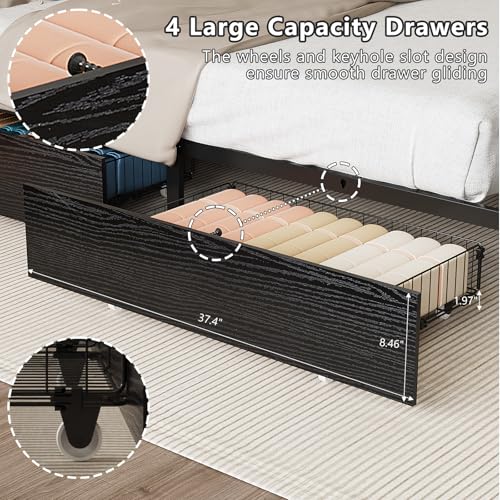 VINGLI Queen Platform Bed Frame with 4 Storage Drawers and Adjustable Headboard Shelf, Metal Bed with Charging Station and LED Lights, No Box Spring Needed, Noise Free, Easy Assembly, Black VINGLI