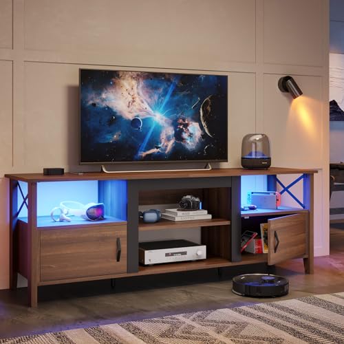 Bestier Farmhouse TV Stand for 70 inch TV, Gaming Entertainment Center with LED Lights, TV Console with 2 Storage Cabinets and Shelf for Living Room, 63'' Inch, Ancona Walnut Bestier