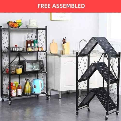 Kitchen Garage Metal Shelves, Storage Shelves Organizer, Foldable Metal Shelving, Closet Shelving Unit, 28" W x 14" D x 50" H Bakers Rack Microwave Stand, Plant Stand with Wheels (4-Tier Shelf) GOARLPEY