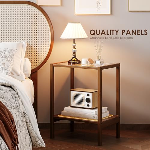 Bamworld Side Table End Table Rattan Night Stand for Small Spaces Bedroom, Living Room, Rattan Glass Bamboo Coffee Bedside End Table 2-Tier with Storage Boho Bamworld
