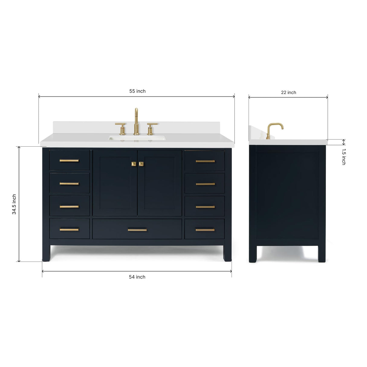 ARIEL Cambridge 55" Midnight Blue Bathroom Vanity with Sink, 1.5" Edge Pure White Quartz Countertop & Backsplash, Center Rectangular Sink, 2 Soft Closing Doors, 9 Full Extension Dovetail Drawers ARIEL