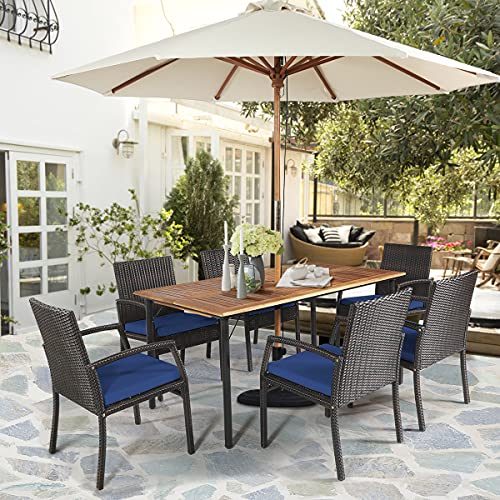 Tangkula 7 Pieces Patio Dining Set, Acacia Wood Wicker Dining Furniture Set with Sturdy Steel Frame & Umbrella Hole, Outdoor Dining Table Chair Set with Removable Cushions for Backyard, Garden Tangkula
