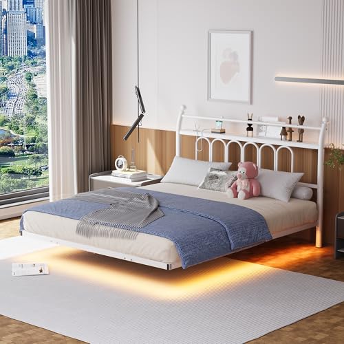 VERFARM Floating Double Bed Frame with USB Charging Station, LED Bed Frame with Wood Storage Headboard, Metal Platform Bed Frame Full Size, No Box Spring Needed, Steel Slat Support, White VERFARM