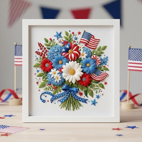 DIY American Independence Day Pattern Hand Embroidery Kit Beginner Friendly Round Circle Decorative Painting Needlework Art-Bouquet