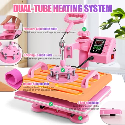 Whubefy 8 in 1 Heat Press Machine for T Shirts 12x15 Inch with Dual-Tube Fast & Evenly Heating System for Mug Plate Hat Cap 360° Swing Away Multifunctional Digital Heat Transfer Sublimation Combo Pink Whubefy
