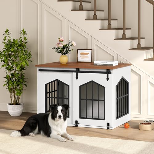 MAHANCRIS Dog Crate Furniture, 31.5" Farmhouse Dog Kennel with Sliding Barn Door, Wooden Dog Cage for Small Medium Dogs, Decorative Pet House Side End Table, Chew-Resistant, White and Walnut DCBA9601 MAHANCRIS
